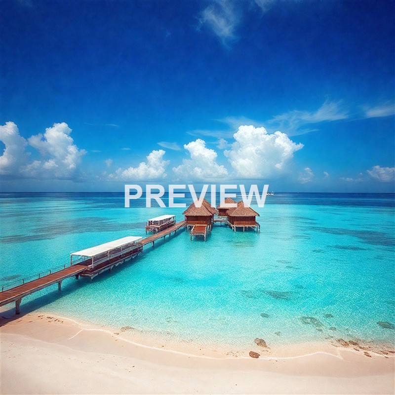 A tropical beach scene featuring clear turquoise waters, a sandy shoreline, and overwater bungalows connected by a wooden pier under a bright blue sky with fluffy white clouds.